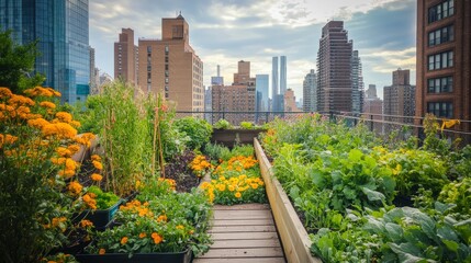 Fototapeta premium Urban rooftop garden with vegetables and flowers, demonstrating sustainable living practices