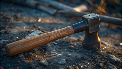 a meticulously carved wooden handle is situated on a ground
