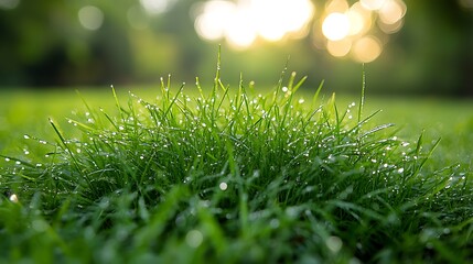 Naklejka premium Close-up of dew drops on green grass with blurred background of a sunlit forest.