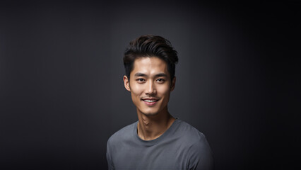 Fototapeta premium Confident and charismatic Korean man with a warm smile and natural beauty. Brunette hair and flawless skin complement his captivating gaze. Studio shot with copy space, perfect for beauty and fashion