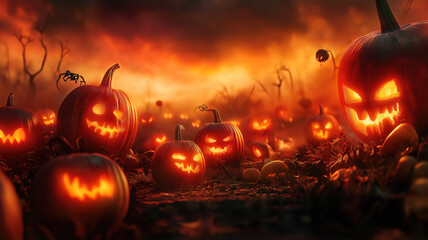 Fototapeta premium Superb Halloween banner with pumpkins and candles