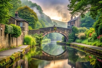 Naklejka premium Misty morning light casts a serene atmosphere on the tranquil Rochdale Canal, surrounded by lush greenery and historic stone bridges near Todmorden and Hebden Bridge.