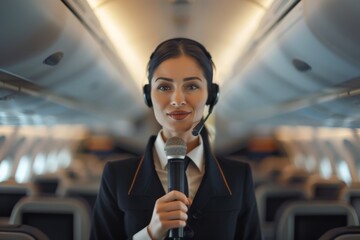 A flight attendant in uniform makes an announcement to passengers on an airplane.