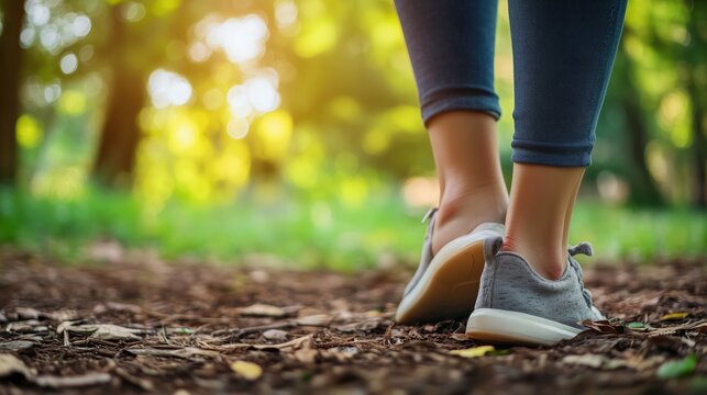 Legs of a woman walking through the forest wearing uncomportable footwear trying to protect her heels and swollen female ankles with chafing and calluses