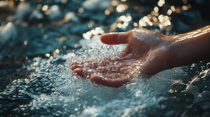 Fototapeta premium Serene hand reaching into tranquil waters, embracing a life of love, nature, and simplicity, away from the materialistic pursuits of wealth.
