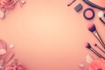 Obraz premium Makeup background with cosmetics and accessories on pastel peach-colored background Makeup and Beauty Concept