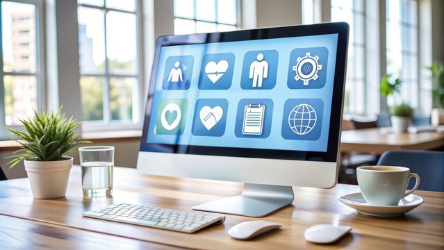 Modern computer screen displaying health insurance website with medical icons and graphs, representing convenient online access to healthcare and medical coverage options.