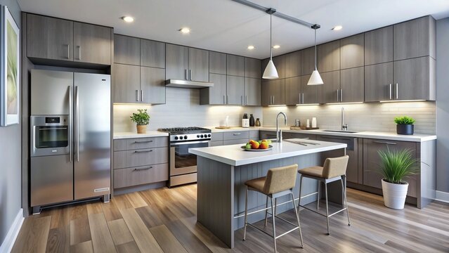Modern condo apartment kitchen featuring sleek cabinets, minimalist countertops, and space-saving layout solutions ideal for small urban living spaces with a focus on functionality.