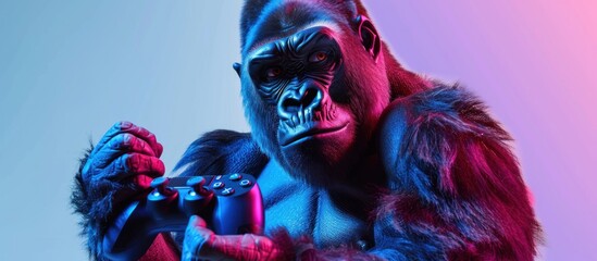 Gorilla and game console controller on neon style gradient background