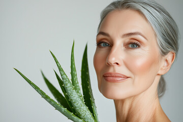 Naklejka premium Middle age Woman with moisturized skin against the background of aloe Vera leaves, sale cosmetic products , organic plant soothes, regenerates and rejuvenates the skin, care for youth every day