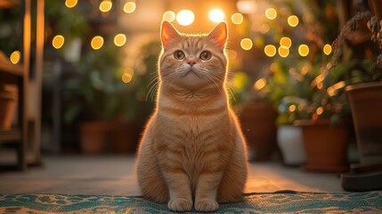 Cute fat cat sitting lonely Looking at the view from the wall of the house There are trees and roads in the background.