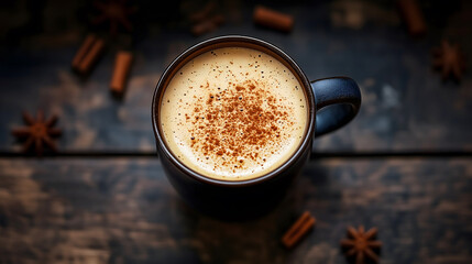 A top view of a spiced latte in a black mug, sprinkled with cinnamon, set on a rustic wooden table with cinnamon sticks and star anise.
