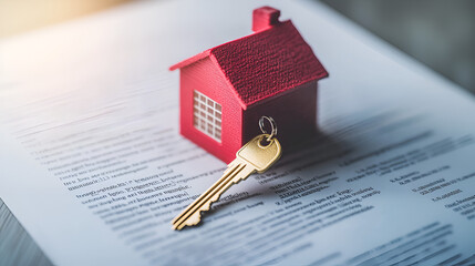 House Key on a Real Estate Contract: An image featuring a house key placed on top of a real estate contract or agreement, symbolizing the finalization of a property transaction, Ai