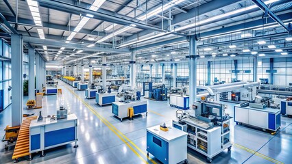 Modern factory interior with rows of high-tech machinery and automated production lines manufacturing precision parts in a clean and organized industrial environment.