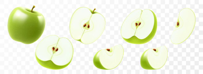 Set of green apple isolated on transparent background. Whole, half and slices of a delicious apple. Summer harvest. Natural product. Realistic 3d vector illustration, . Template for your summer design