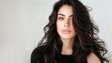 caucasian model with dark black hair extensions white background, a banner for advertising hair coloring shampoo, hair care products