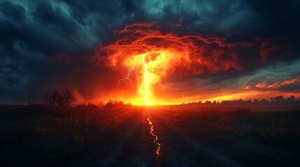 Dramatic lightning strike illuminating a dark and stormy sky over a field.