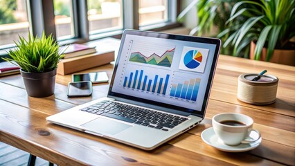Modern laptop on desk with various digital marketing analytics and software tools displayed on screen, surrounded by coffee cups and notebooks.