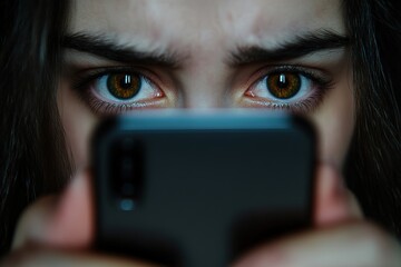 Intense eyes looking over smartphone screen