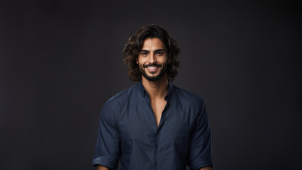 Fototapeta premium Confident and charismatic Saudi Arabian man with a warm smile and natural beauty. Brunette hair and flawless skin complement his captivating gaze