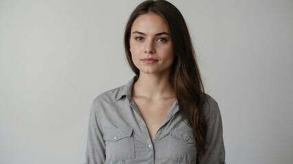 Obraz premium teen stunning brunette white woman with gray shirt model portrait standing straight on a plain white background for ad concept space for text