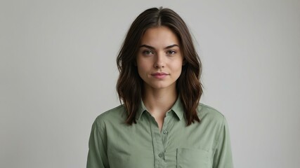 Obraz premium teen stunning brunette white woman with green shirt model portrait standing straight on a plain white background for ad concept space for text