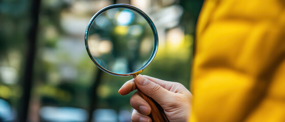 A close-up of a hand holding a magnifying glass, exploring details in nature with blurred greenery in the background.