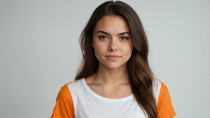 Obraz premium teen stunning brunette american woman with orange shirt model portrait standing straight on a plain white background for ad concept space for text