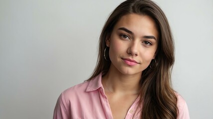 Obraz premium teen stunning brunette american woman with pink shirt model portrait standing straight on a plain white background for ad concept space for text