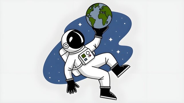 Cute Astronaut Playing with Earth Ball - Space Cartoon Vector Illustration