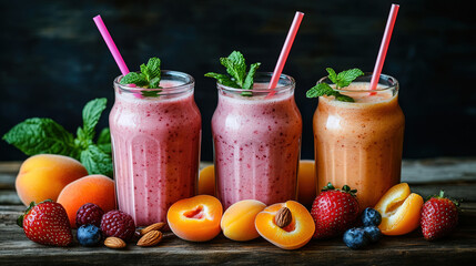 Healthy food concept. Colorful smoothies and fruit juice bottles with fresh fruits. Fresh fruits and vibrant ingredients. Fruit smoothie with strawberries, blueberries, kiwi, lemon slices. Copy space 
