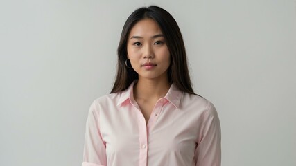 Fototapeta premium teen stunning brunette asian woman with pink shirt model portrait standing straight on a plain white background for ad concept space for text