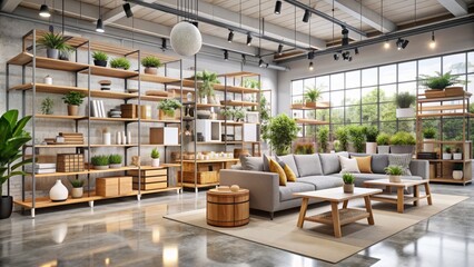 Obraz premium Modern Scandinavian-style furniture store interior with rows of shelves, displays, and warehouse sections filled with affordable, self-assembly home decor and furniture pieces for sale.