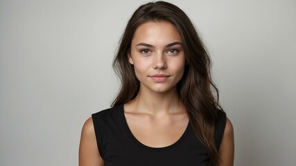 Fototapeta premium teen stunning brunette caucasian woman with black shirt model portrait standing straight on a plain white background for ad concept space for text