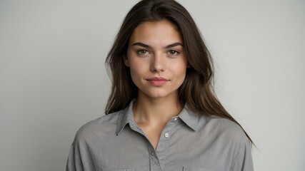 Obraz premium teen stunning brunette caucasian woman gray shirt model portrait standing straight on a plain white background for ad concept space for text
