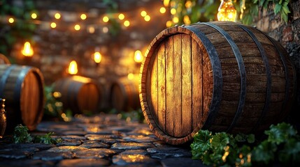 Close-up of a wooden barrel with metal bands on a cobblestone path at night.