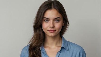Obraz premium teen stunning brunette european woman with blue shirt model portrait standing straight on a plain white background for ad concept space for text