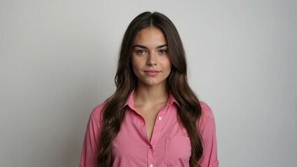 Fototapeta premium teen stunning brunette european woman with pink shirt model portrait standing straight on a plain white background for ad concept space for text