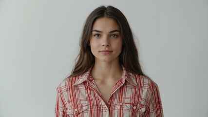 Fototapeta premium teen stunning brunette european woman with red shirt model portrait standing straight on a plain white background for ad concept space for text