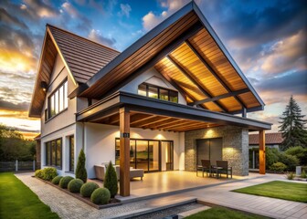 Fototapeta premium Modern urban dwelling features a newly installed wooden roof structure with exposed industrial beams, sleek ceilings, and stylish tiles, showcasing expert roofing craftsmanship.