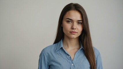 Obraz premium teen stunning brunette finnougric woman with blue shirt model portrait standing straight on a plain white background for ad concept space for text