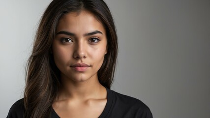 Fototapeta premium teen stunning brunette hispanic woman with black shirt model portrait standing straight on a plain white background for ad concept space for text