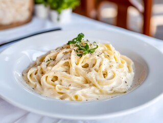 An Italian gourmet dish featuring perfectly cooked fusilli pasta topped with a rich and creamy béchamel sauce.