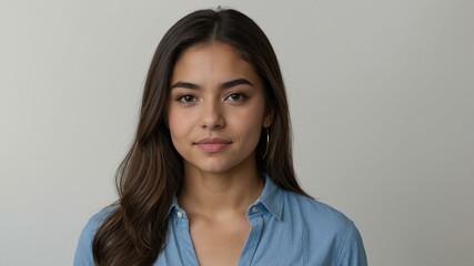 Obraz premium teen stunning brunette hispanic woman with blue shirt model portrait standing straight on a plain white background for ad concept space for text