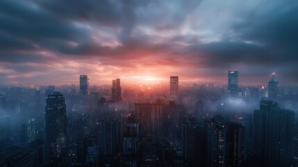 Fototapeta premium A city skyline with a beautiful sunset in the background. The sky is cloudy and the sun is setting, creating a moody atmosphere