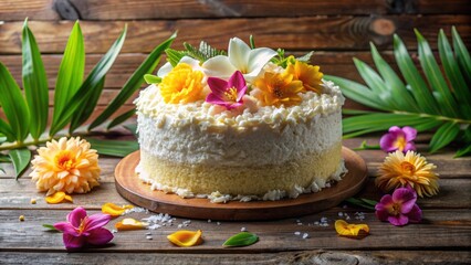 Moist and creamy coconut cake with toasted coconut flakes and creamy white frosting, adorned with fresh tropical flowers on a rustic wooden background.