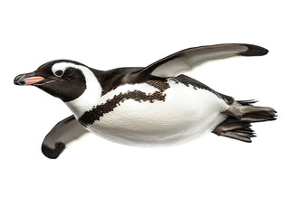 Fototapeta premium photo of a penguin floating mid-air on isolated background 