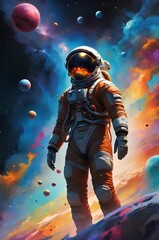 Fototapeta premium Astronaut in Spacesuit on Rocky Terrain Against Cosmic Backdrop