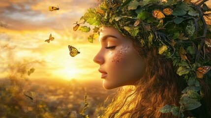 a woman with leaves in her hair and butterflies flying around her