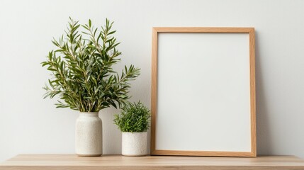 Fototapeta premium A white frame sits on a wooden shelf with a potted plant and a vase. Concept of simplicity and minimalism